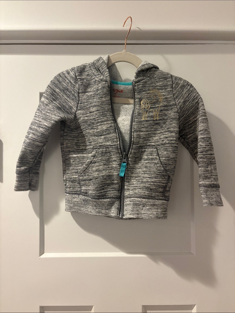 Cat & Jack Heather Gray Hoodie with Teal Zipper Pull Unicorn Gold